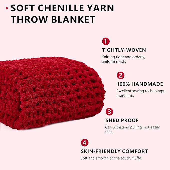 L'AGRATY Chunky Knit Blanket Throw - Soft Chunky Throw Blanket 40x50: 100% Hand Kintted Chenile Crochet Blanket Large Cable Knit Chunky Blanket - Rope Knot Throw Blanket for Couch Home Decor(Red)