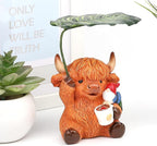 Garden Gnome with Highland Cattle 6.5“ Figurine Ornament for Indoor Outdoor Home Patio Yard Lawn, Red Hat, Blue Outfit, Indoor Outdoor Decorative Statue