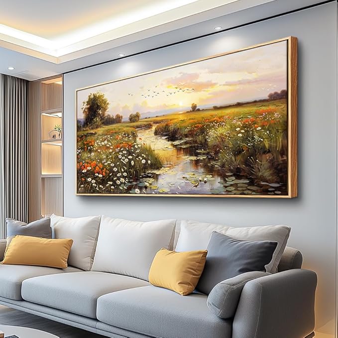 PHAOHUAXM Large Canvas Wall Art For Living Room Wall Decor For Bedroom Watercolour Painting Office Decoration Countryside Sunrise Scenery Wall Picture Home Decor Ready To Hang 30x60 In Wood Framed