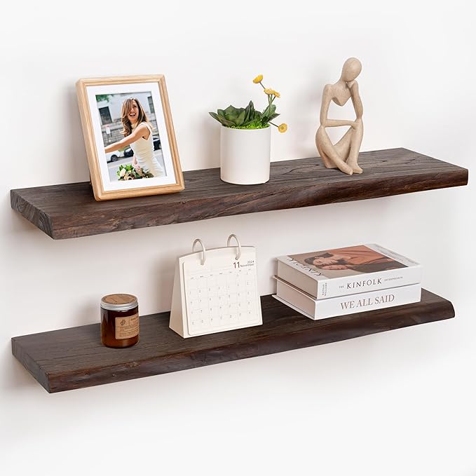 RICHFOCUS Live Edge Elm Floating Shelves - 36" W x 9.3" D Rustic Solid Wood Wall Shelves with Invisible Bracket, Wall-Mounted for Living Room, Bedroom, Kitchen Storage & Display, Set of 2, Walnut
