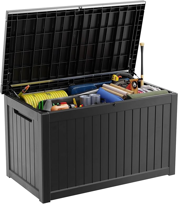 XXL 230 Gallon Large Resin Deck Box, Lockable Outdoor Storage Box for Patio Cushions Storage Furniture,Garden Tools, Pool Supplies, Weatherproof and UV Resistant- Black (230 Gallon)