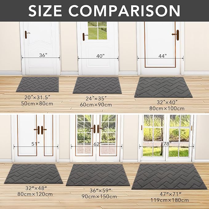 hicorfe Indoor Doormat,Front Back Door Mat Rubber Backing Non Slip Door Mats 47"x71" Absorbent Resist Dirt Entrance Doormat Inside Floor Mats for Entryway Washable Low-Profile (Grey)