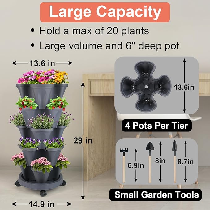 Vertical Planter 5 Tier Stackable Planters Garden Planters Strawberry Herb Flower and Vegetable Planter Indoor Outdoor Gardening Pots with Removable Wheels and Tools
