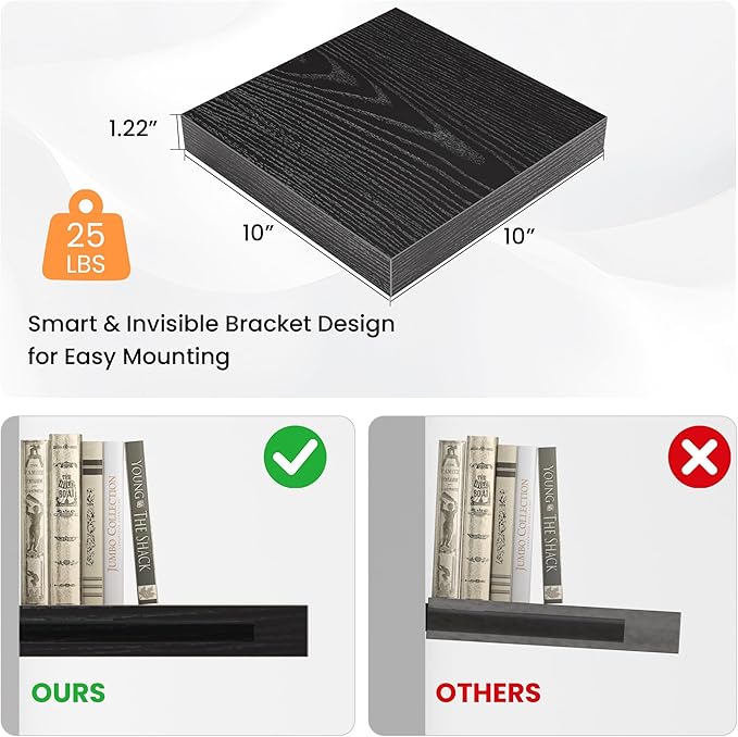 Square Floating Shelves for Wall, 10" W x 10" D x 1.2" H, Small Wooden Wall Mounted Display Shelves with Invisible Brackets for Living Room, Bedroom, Bathroom, Kitchen Decor, Set of 4, Black