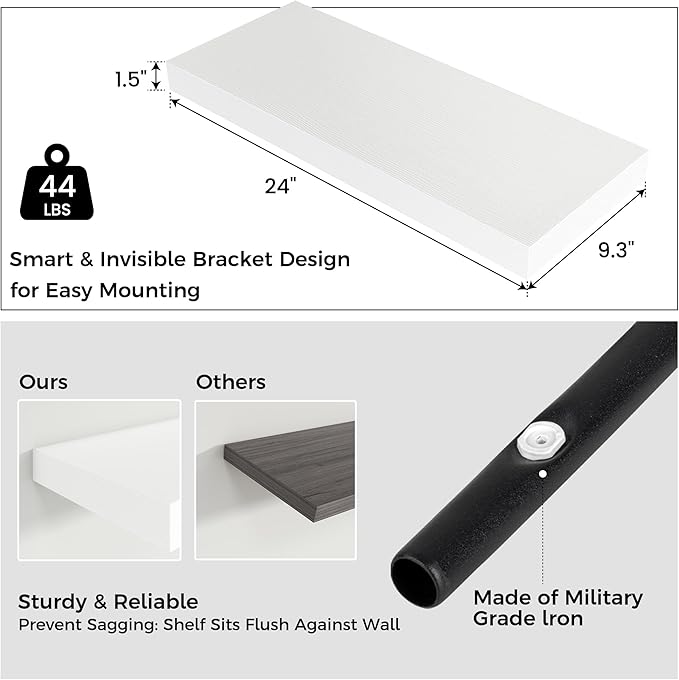 Floating Shelves - 2 Large Wall Mounted Shelves with Invisible Brackets, Long Wood Floating Wall Shelf for Living Room, Bedroom, Kitchen (White, 24" W x 9" D x 1.5" H)