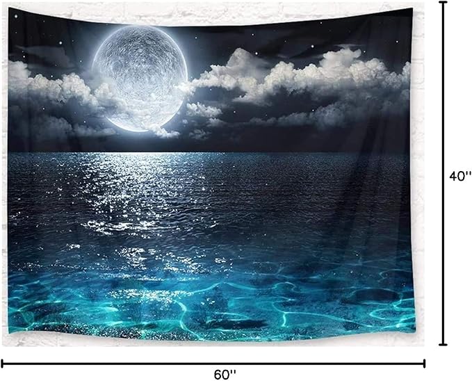 LB Moon Over Ocean Tapestry, Night Sky Tapestry Wall Hanging, 3D Fantasy Psychedelic Watercolor Wall Art for Bedroom Living Room Dorm Home Decor, 60 x 40 Inches