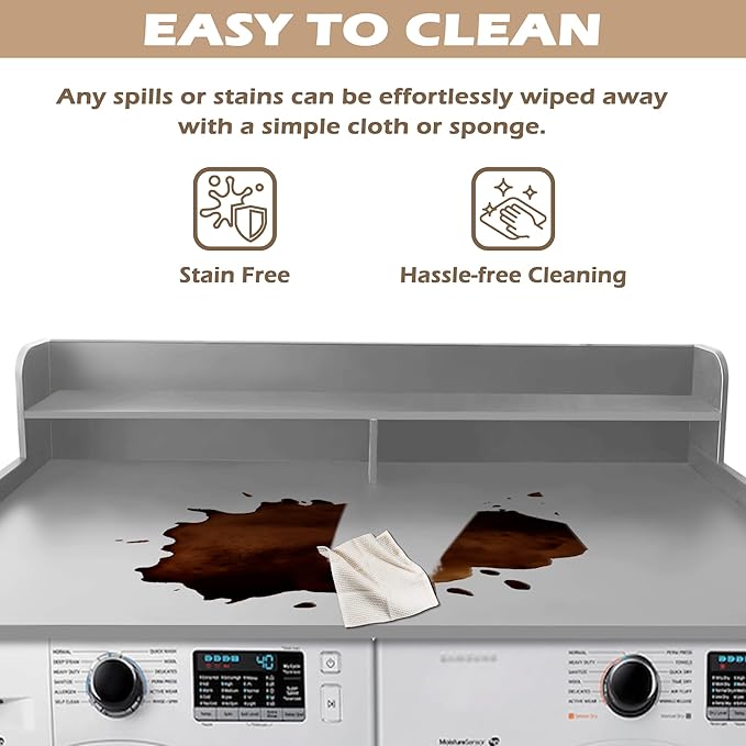 Royxen Laundry Countertop with 2-Tier Shelf Universal Fit, Washer and Dryer Countertop with Storage Space, Shelf Height 11.5 Inches, Solid Wood, Grey