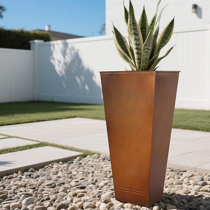 Worth Garden 28" H. Large Metal Planter Set of 2, Classic Matte Bronze Retro Finish Tall Square Tapered Steel Flower Plant Pots for Indoor & Outdoor Use - Insert Plate with Drain Holes, Air Vents