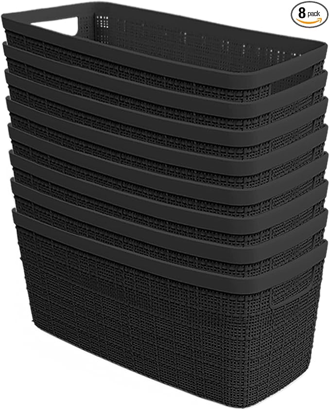 Curver Set of 8 Jute Slim Decorative Plastic Organization and Storage Baskets, Perfect Bins for Home Office, Closet Shelves, Kitchen Pantry and All Bedroom Essentials, Black