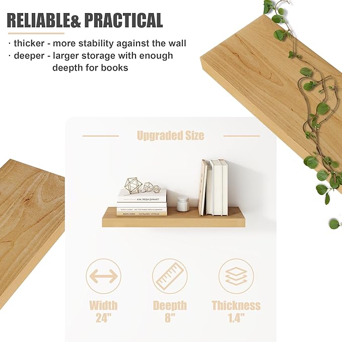 Floating Shelves for Wall, USA-Sourced Brich Wood 24 Inch Wall Shelves Set of 2, Natural Wooden Mounted Picture Ledge Shelf, Nursery Book Storage Shelf Kids Bookshelf Display, Shelf for Bathroom