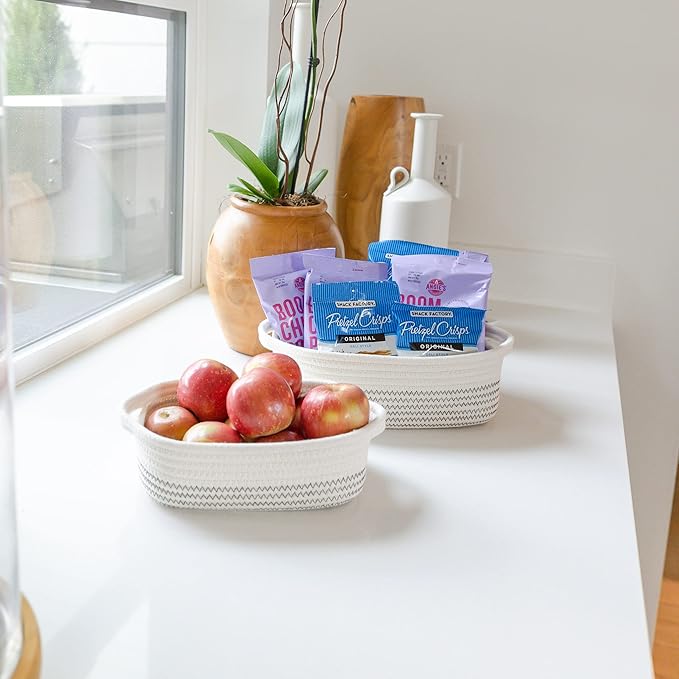 NaturalCozy 5-Piece Rectangle Storage Basket Set- Natural Cotton Rope Woven Baskets for Organizing! Small Basket for Montessori, Baby Nursery, Dog Toy Baskets, Cat Toy Box, Bathroom Organization Bin