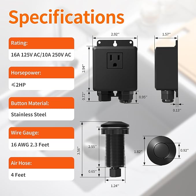 Joinfworld Garbage Disposal Air Switch Kit Waterproof Garbage Disposal Button Kit with Long Garbage Disposal Switch Matte Black - UL Listed