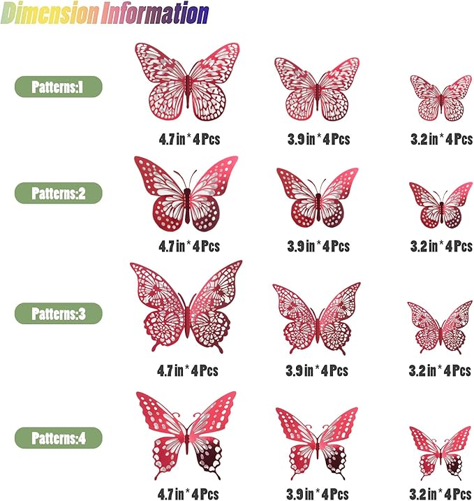SAOROPEB 3D Butterfly Wall Decor - 48 Pcs, 4 Styles, 3 Sizes - Removable Stickers (Blood Red) for Birthday & Party Celebrations