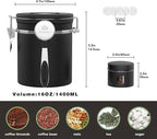 Coffee canister set for ground coffee with Date Tracker,Co2 Valve,Travel jar,Stainless Steel Kitchen Food Airtight storage container for Coffee Beans or Grounds,Tea,Sugar (16oz-Black)