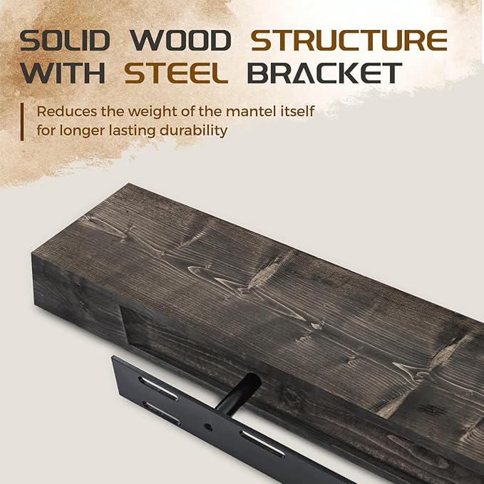 48x7x3 Fireplace Mantel - Solid Rustic Wood - Wall Mounted Floating Shelf with Invisible Heavy Duty Steel Bracket (Weathered Black)