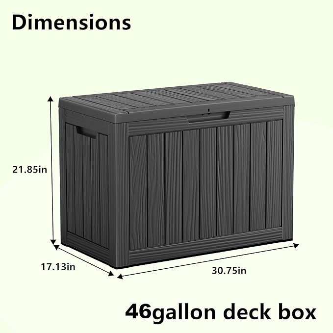 Vixzen 46 Gallon Resin Deck Box, Lockable Outdoor Storage Box for Patio Cushions Storage Furniture,Garden Tools, Pool Supplies, Weatherproof and UV Resistant,Black