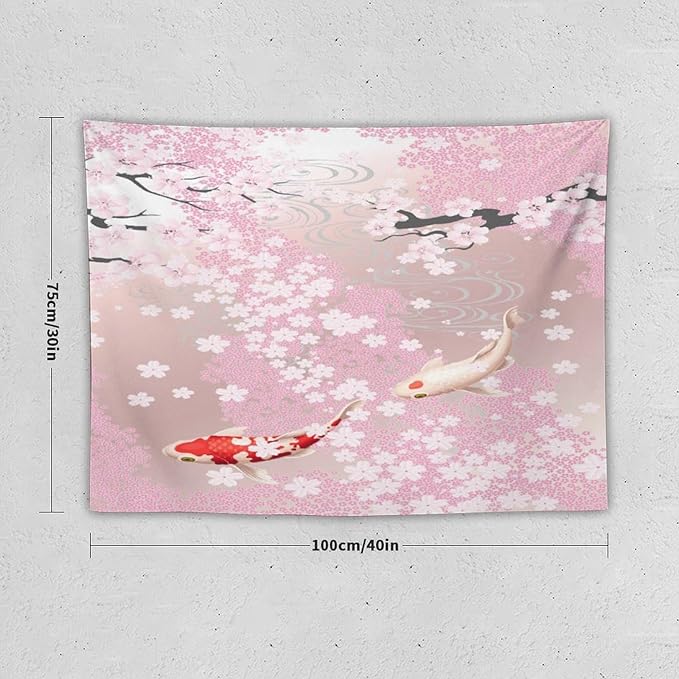 Houselerax Japanese Koi Fish Tapestry, Cherry Blossoms Asian Oriental Pink Flower Branch Koi Fish Carp Tapestries Wall Hanging for Bedroom Living Room Office Decor 40"x30"