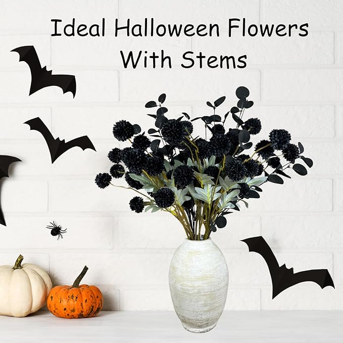 RyddeligHome Black Artificial Flowers for Centerpieces Bulk 10 Long Stems /50 Small Faux Silk Mum Balls + Black Eucalyptus Stems 2 Branches, Fall Boho Halloween Home Decor Indoor, Gothic Flowers