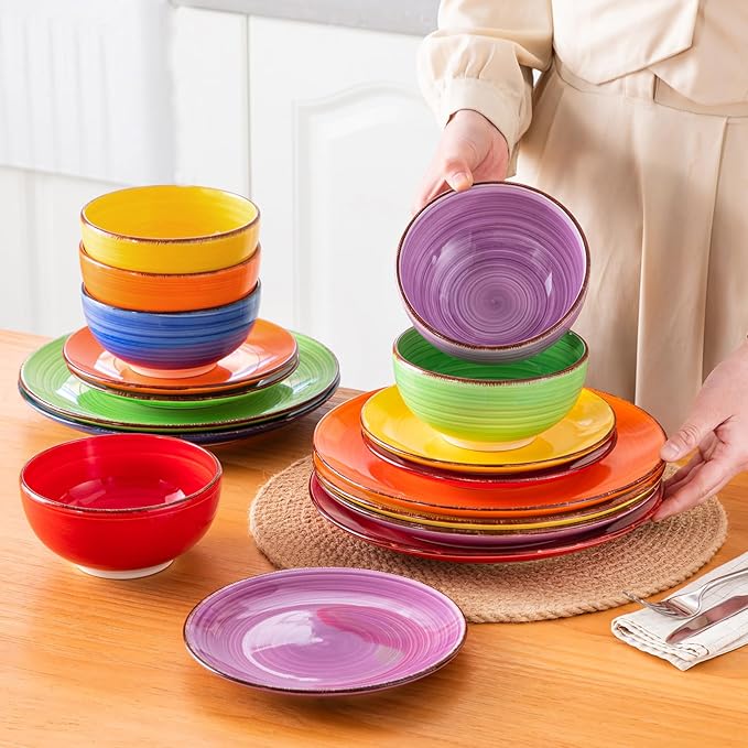 vancasso Bonita Dinnerware Set Muticolor Stoneware 18 Pieces Service for 6, Handpainted Spirals Pattern Stoneware Plates and Bowls Set