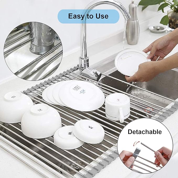 Searik Dish Drying Rack Roll Up Sink Drying Rack, Over The Sink Dish Rack Multi-Use Stainless Steel Dish Drainers Heat Resistant Mat for Drying Draining Trivet (17.7"x13.8")