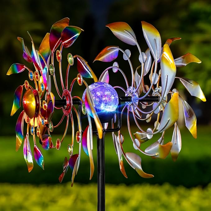 Solar Wind Spinners for Yard and Garden - 360° Metal Large Wind Sculptures Outdoor Clearance Kinetic Windmills with 4 Layer Jeweled Blades for Patio, Lawn Garden Decoration - 54Inch