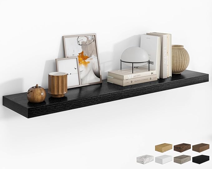 RICHFOCUS 55Inch Floating Shelves for Wall 1 Pack Shelves for Bedroom|Kitchen|Bathroom Wall Mounted Rustic Wood Floating Shelf with Invisible Brackets for Books|Storage|Decor, Black