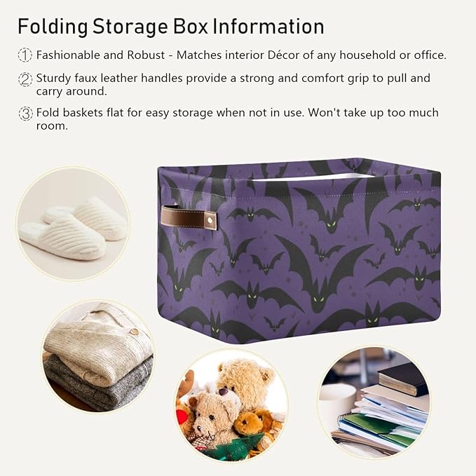 Storage Basket Bin Halloween with Bat Organizer Basket Collapsible Shelf Basket Cube with handle for Nursery Bedroom Bathroom