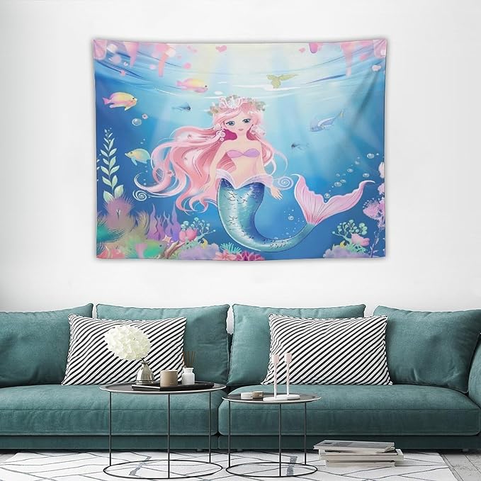 HZOHNAGO Mermaid Girls Tapestry Watercolor Mermaid Princess Pattern Printed Wall Tapestry Wall Hanging for Bedroom Living Room Dorm 40" W x 30" H