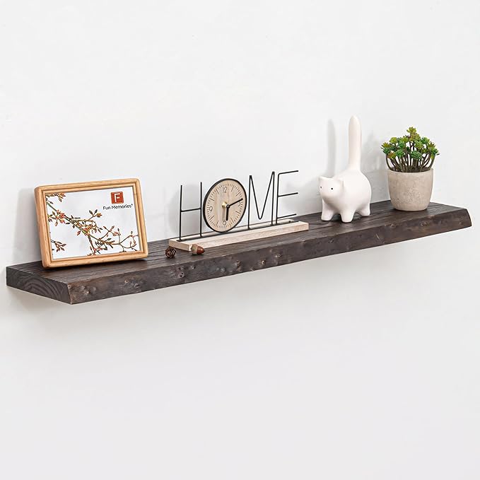 Fun Memories Solid Elm Wood Floating Shelves, 42 Inch Floating Shelves for Wall, Wall-Mounted Live Edge Wooden Shelves with Invisible Heavy-Duty Brackets for Books, Bathroom, Kitchen, Walunt Finish