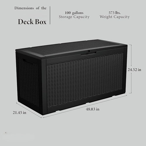 100 Gallon Outdoor Storage Box Waterproof Lockable Resin Deck Box Large, Patio Storage Bin for Pool Accessories Cushion Furniture, Garden Tools, UV-Resistant Outside Delivery Black