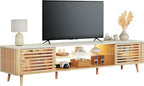 70" Mid Century Modern TV Stand for 55/65/75 Inch TV, Faux Marble Top Entertainment Center with Slatied Sliding Door & LED Lights, Low TV Console with Glass Shelves for Bedroom, Living Room