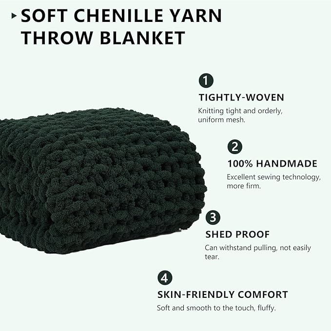 L'AGRATY Chunky Knit Blanket Throw - Soft Chunky Throw Blanket 30x40: 100% Hand Kintted Chenile Crochet Throw Blanket for Couch - Large Cable Knit Chunky Blanket for Home Decor(Olive Green)