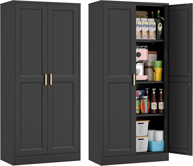 60" Tall Metal Pantry Cabinet, Black Kitchen Pantry Storage Cabinet with Doors and 3 Adjustable Shelves, Cupboard for Kitchen, Dining Room, Living Room, Bathroom
