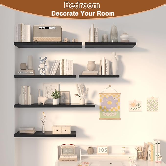 12 Inch Deep Floating Shelves for Wall 1 Pack Floating Shelves Large Storage Space Wall Mount Shelf for Living Room Kitchen Bathroom 24" W x 12" D x 1.2" H Black