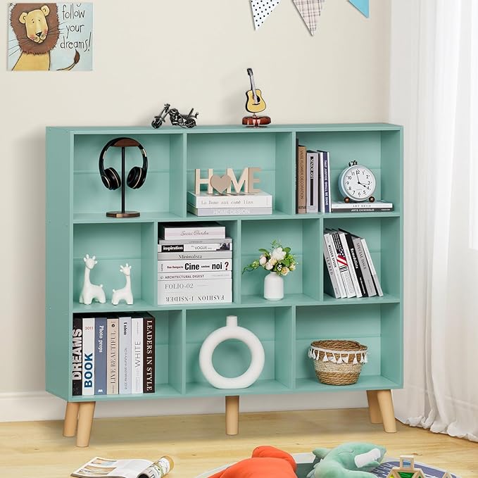 LEYAOYAO 10 Cube Bookshelf,3 Tier Modern Wide Bookcase with Legs,Mid-Century Wood Bookshelves Storage,Mint-Green Large Book Case,Freestanding Organizer Display Shelf for Bedroom,Living Room,Office