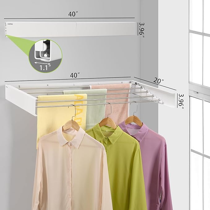 Wall Mounted Laundry Drying Rack, Retractable Clothes Drying Rack for Bathroom with Wall Template, 5 Stainless Rods Heaving 60 lb Capacity (White, 40")
