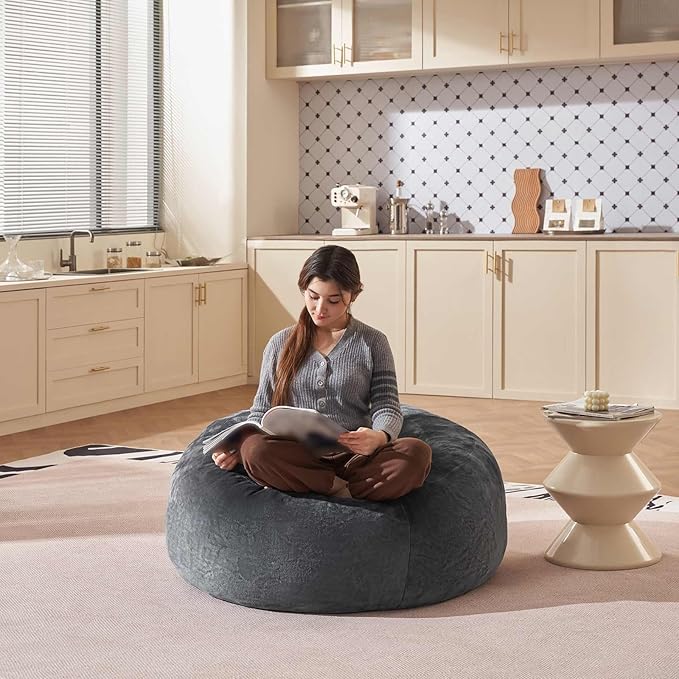 Bean Bag Chair 3Ft, Memory Foam Filled, Large Beanbag Chairs for Adults and Teens, Soft Sofa with Removable Flannel Cover, Round Couch for Living Room Bedroom College Dorm (Dark Gray, 3FT-36×36"×24")