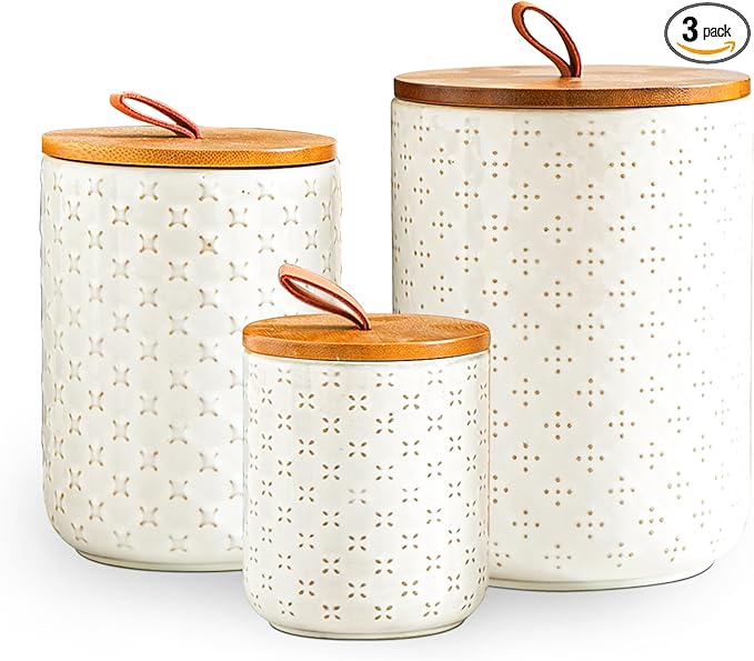 JOJUNO White Ceramic Canister Set with Wooden Lids – 3-Piece Airtight Food Storage Jars for Kitchen, Embossed Design, Small/Medium/Large Sizes (12/30/48 oz) – Flour, Sugar, Coffee, Tea Containers