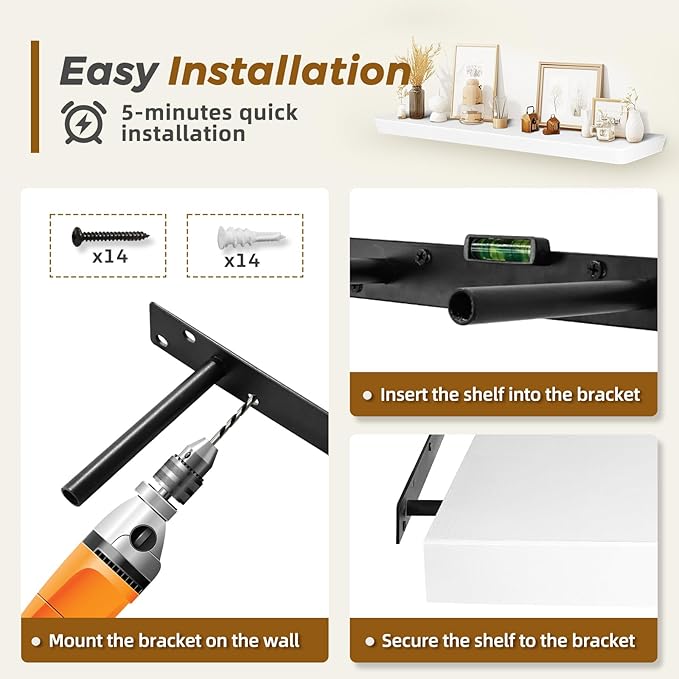 36"x6.8"x1.6" Slanted Floating Wall Shelves 2-Pack - Rustic White Finish, Heavy-Duty Solid Wood Design with Hidden Brackets - Perfect for Living Room, Kitchen, Bathroom, or Office