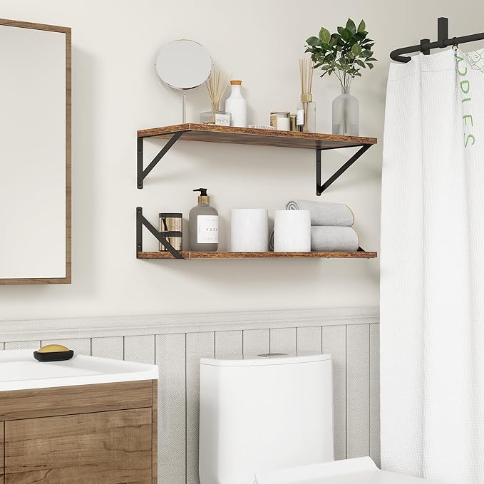 Fun Memories 27.5" W x10 D Floating Shelves, Large Wall Shelves 27.5 Inch Long, Set of 2, Farmhouse Wood Floating Shelf Wall Mounted, Deep Shelves for Bathroom, Living Room, Kitchen, Rustic Brown