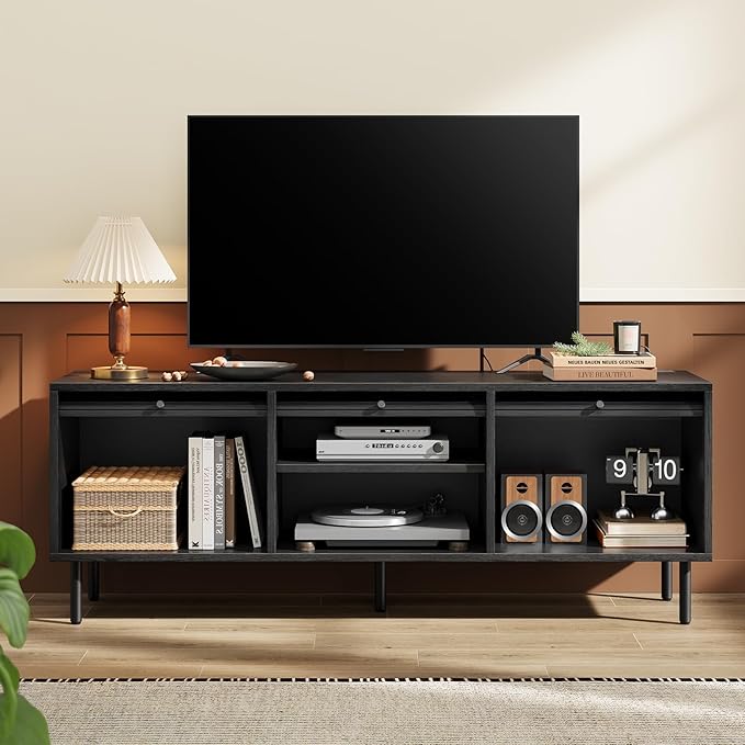 59 Inch TV Stand with Power Outlet for TVs up to 65 Inch, Entertainment Center with Storage, Mid-Century Modern TV Console, Adjustable Shelf & Sliding Doors, TV Stand for Living Room, Bedroom, Black
