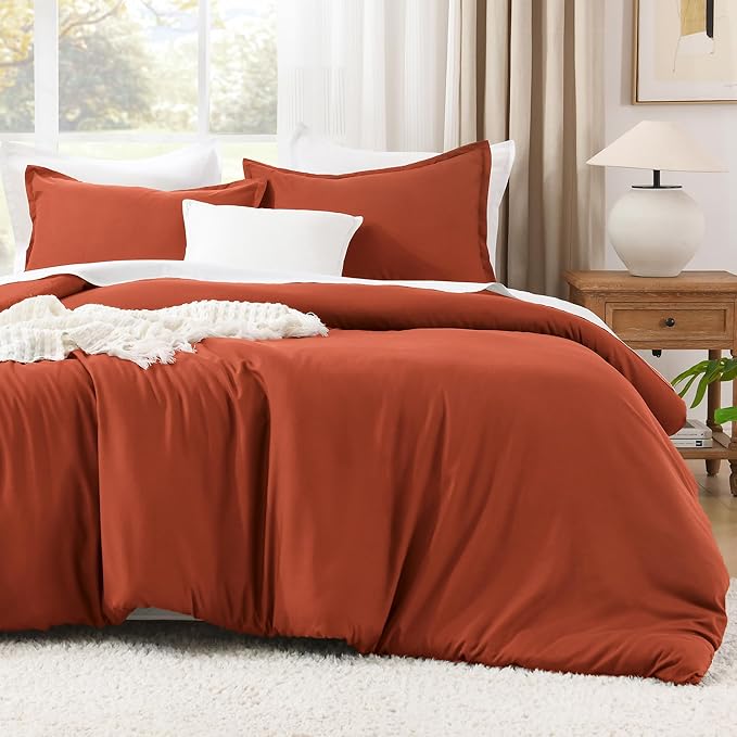 Litanika Comforters Burnt Orange Oversized King Size, 3 Pieces Lightweight Solid Bedding Comforter Set, All Season Fluffy Bed Set (120x98In Comforter & 2 Pillowcases)