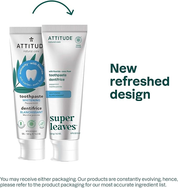 ATTITUDE Whitening Toothpaste with Fluoride, Peppermint Flavor, Vegan & Cruelty-Free, Sugar-Free, Plant & Mineral-Based Ingredients, Clean Oral Care, 4.2 Oz