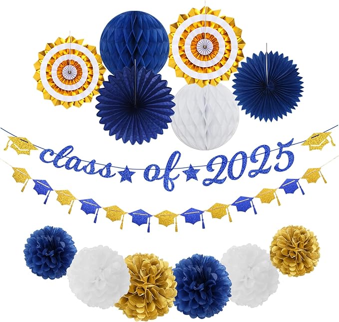 Navy-Blue Gold-White Party-Decoration Graduation Banner - 14pcs Kits Cap Garland Streamers, Royal Paper Tissue Pom Poms Flowers Fans Honeycomb,Class Of 2025 College High School Grad Decor Hugfond