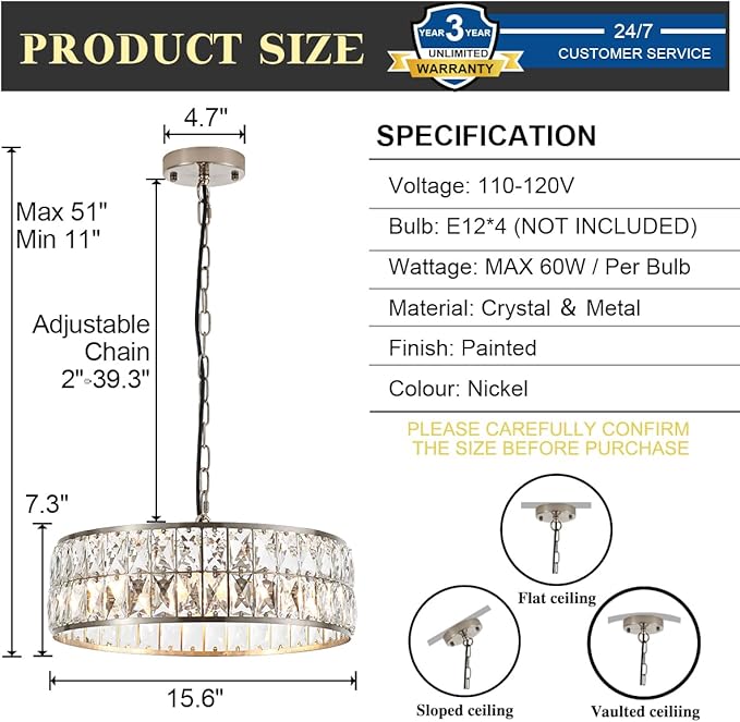 16” 4-Light Modern Crystal Chandeliers Nickel Dinning Room Light Fixture, Round Pendant Light Kitchen Island Chandelier, Flush Mount Ceiling Light for Living Room Entryway Bedroom Foyer