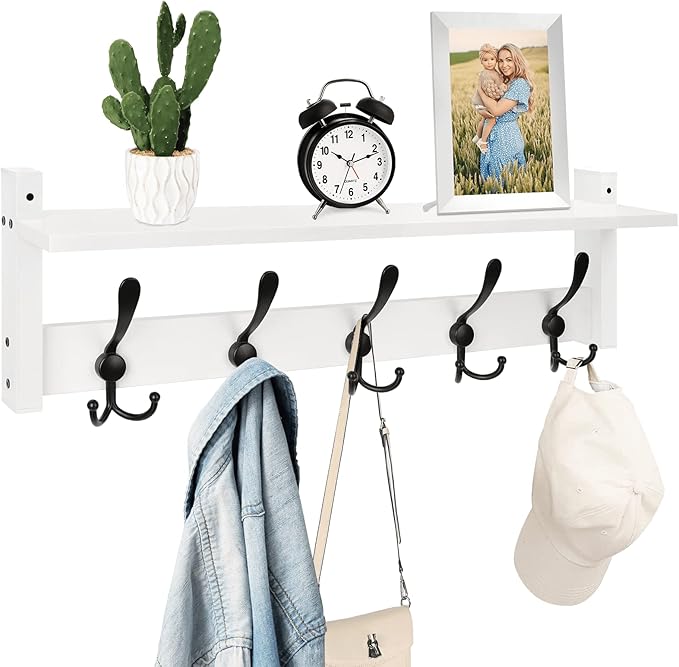 Homode Wall Shelf with Hooks, 24 Inch Coat Rack with Tri Hooks, Farmhouse Entryway Floating Coat Hanger with Storage for Bathroom, Entry Way, Mudroom, White
