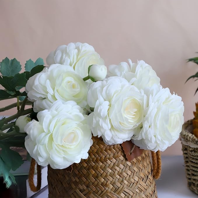 Artificial Ranunculus Long Stem Buttercup Silk Flowers 6pcs for Home Decor and Wedding Decorations(White 1)