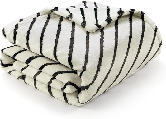 Lahome Boho Fleece Throw Blanket Black White Striped Fluffy Bed Throws Soft Cozy Warm Fuzzy Throw Blanket Reversible Blankets for Couch Sofa, Off White 50''x60''