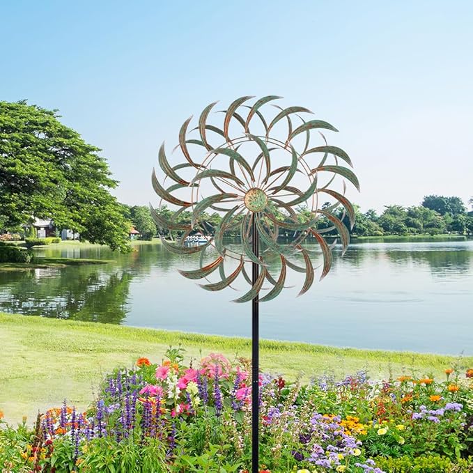 Viveta Large Outdoor Wind Spinner,21 * 85 inches Metal Wind Sculpture with 4 Sturdy Stakes,Green Double Wind Spinners,Decorative Windmill for Yard and Garden