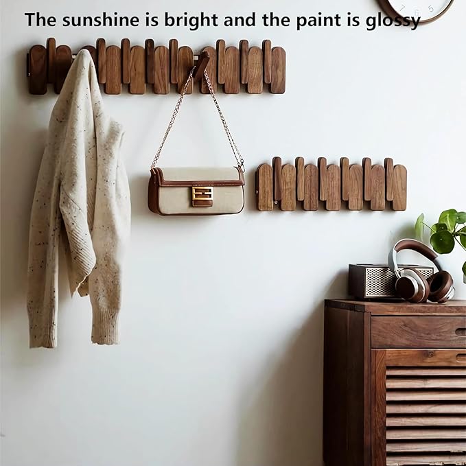 Wall Mounted Piano Key Hanger | Flip Style Hook | Entrance Wall Art Hook, Made of Oak Wood (3 Times Painted, 4 Times Polished) (Arc Walnut, 8Hooks)